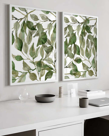 Leaves Wall Art, Eucalyptus Poster, Green Wall Art, Bathroom Prints, Botanical Decor, Living Room Wall Art, Set of 2 prints